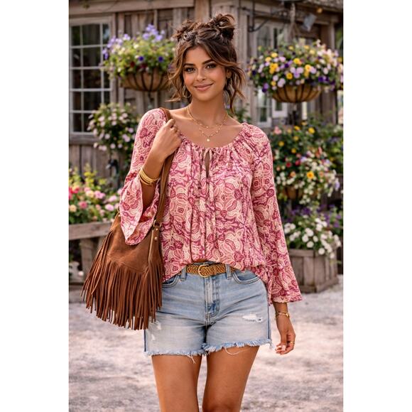 Sanctuary Tops - Sanctuary lyric bell sleeve sunset boho tie neck medallion blouse size medium